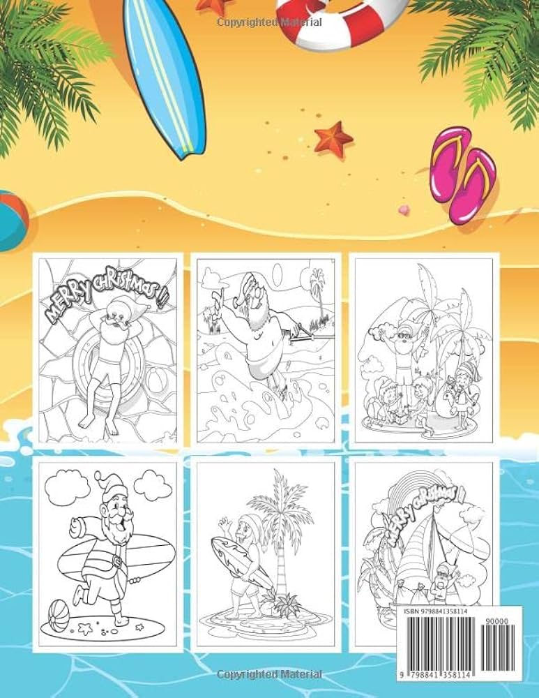 Santa summer coloring book for kids funny santa clause in tropical scenes on the island beach with amazing designs for kids merry christmas in july coloring book gift idea for beach