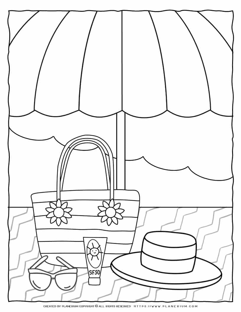 Beach scene coloring page printable for kids