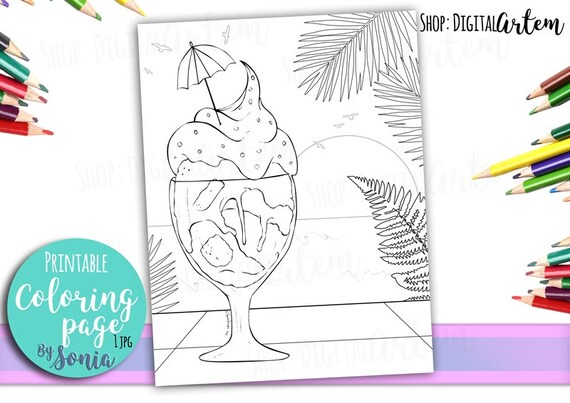 Adult coloring pages tropical scene ice cream summer scene colouring page coloring pages for adults and kids instant download printable