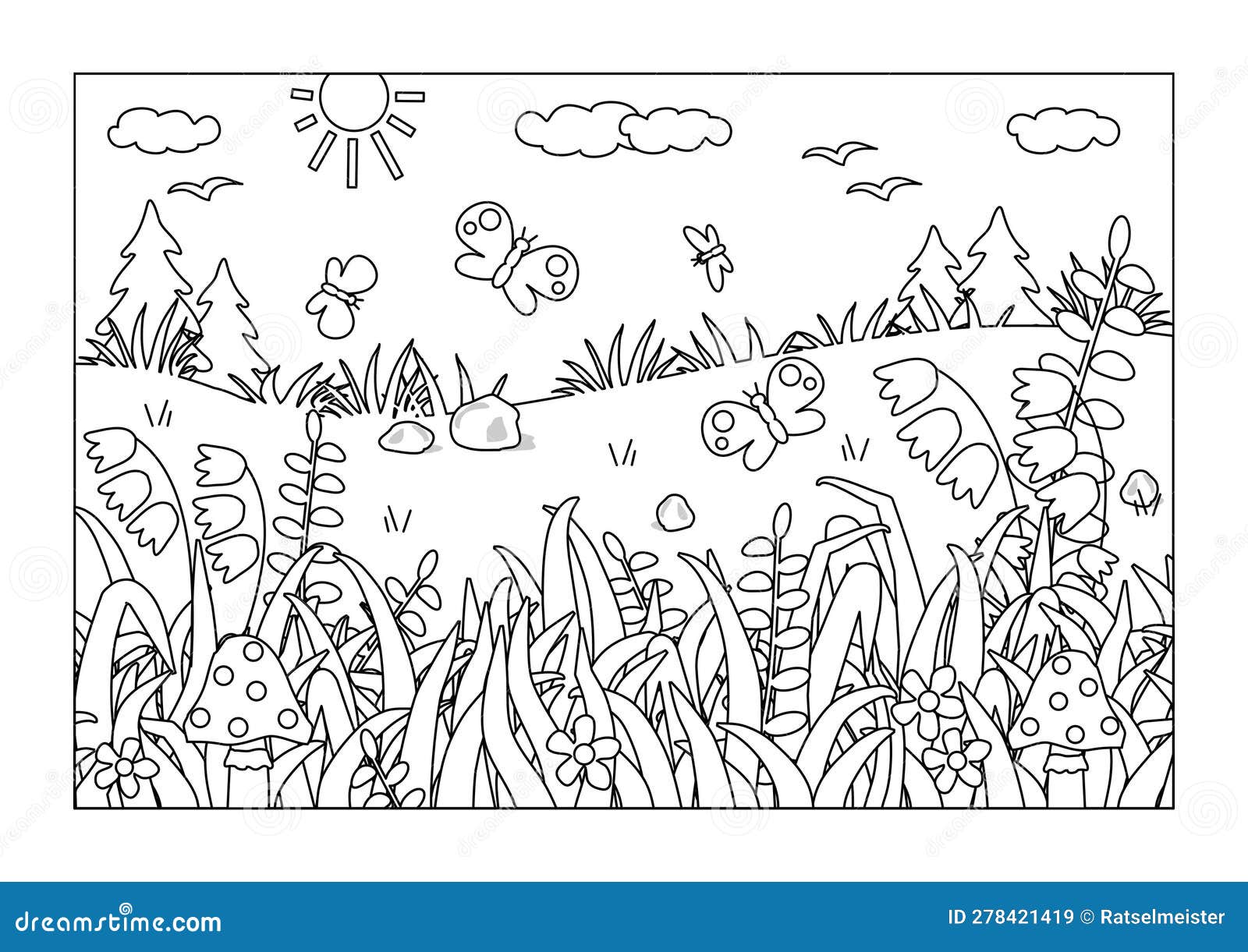 Coloring page summer outdoor nature scene with butterflies grass wildflowers stock vector