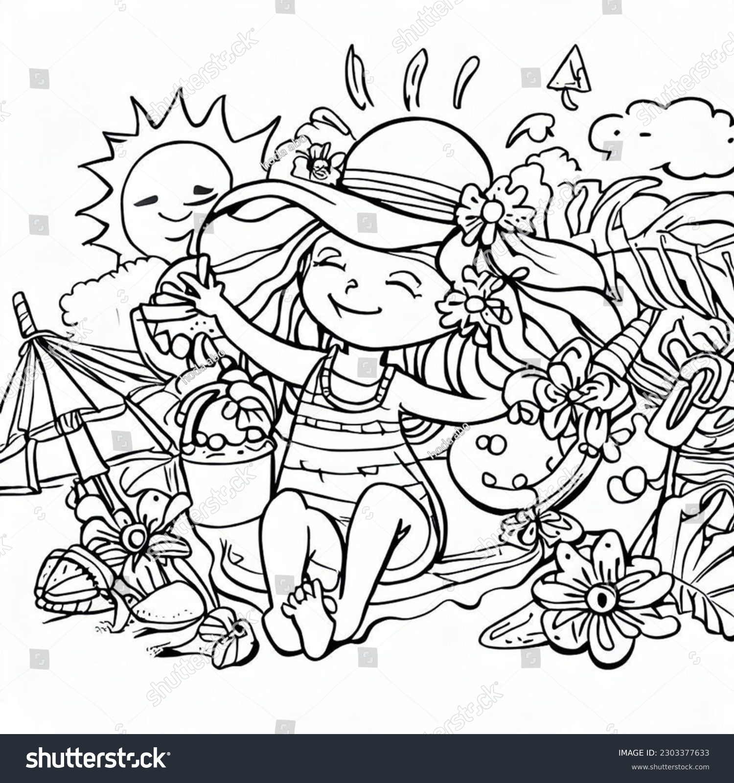 Seaside coloring page girl summer scenes stock illustration