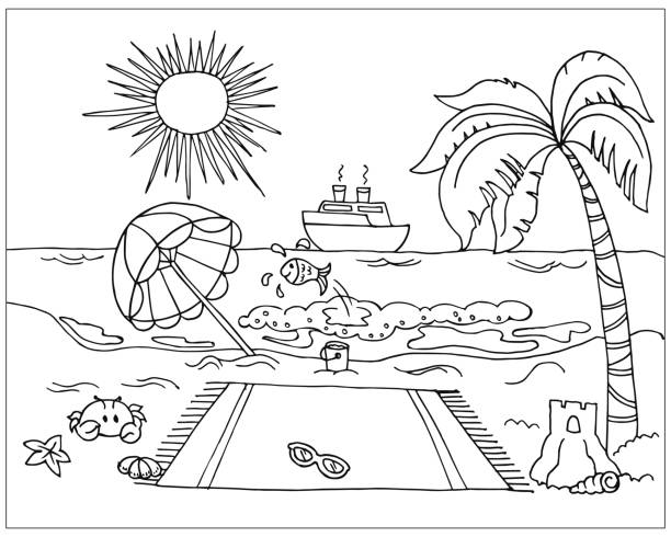 Summer illustration sketch beach paradise design for coloring book hand drawn illustration stock illustration