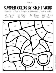 Color by sight word summer kindergarten worksheets