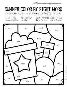 Color by sight word summer kindergarten worksheets