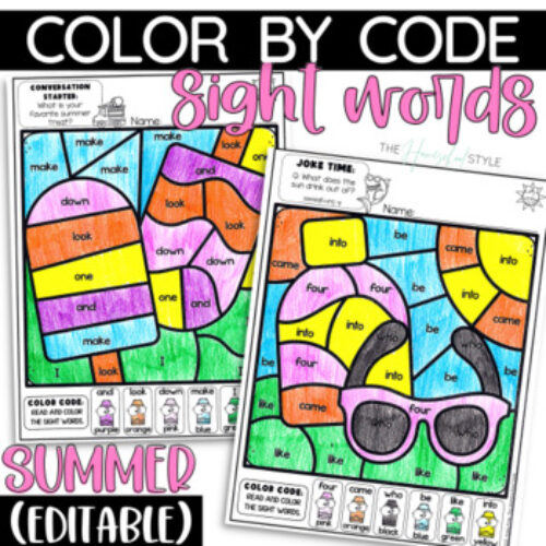 Summer coloring pages color by code sight word activities editable