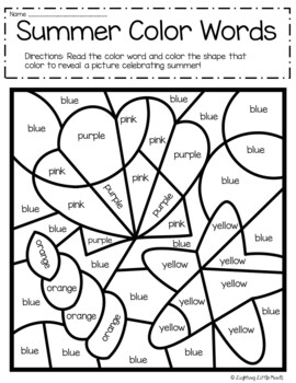 Summer sight words color by number reading color words tpt