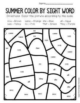 Color by sight word summer kindergarten worksheets tpt