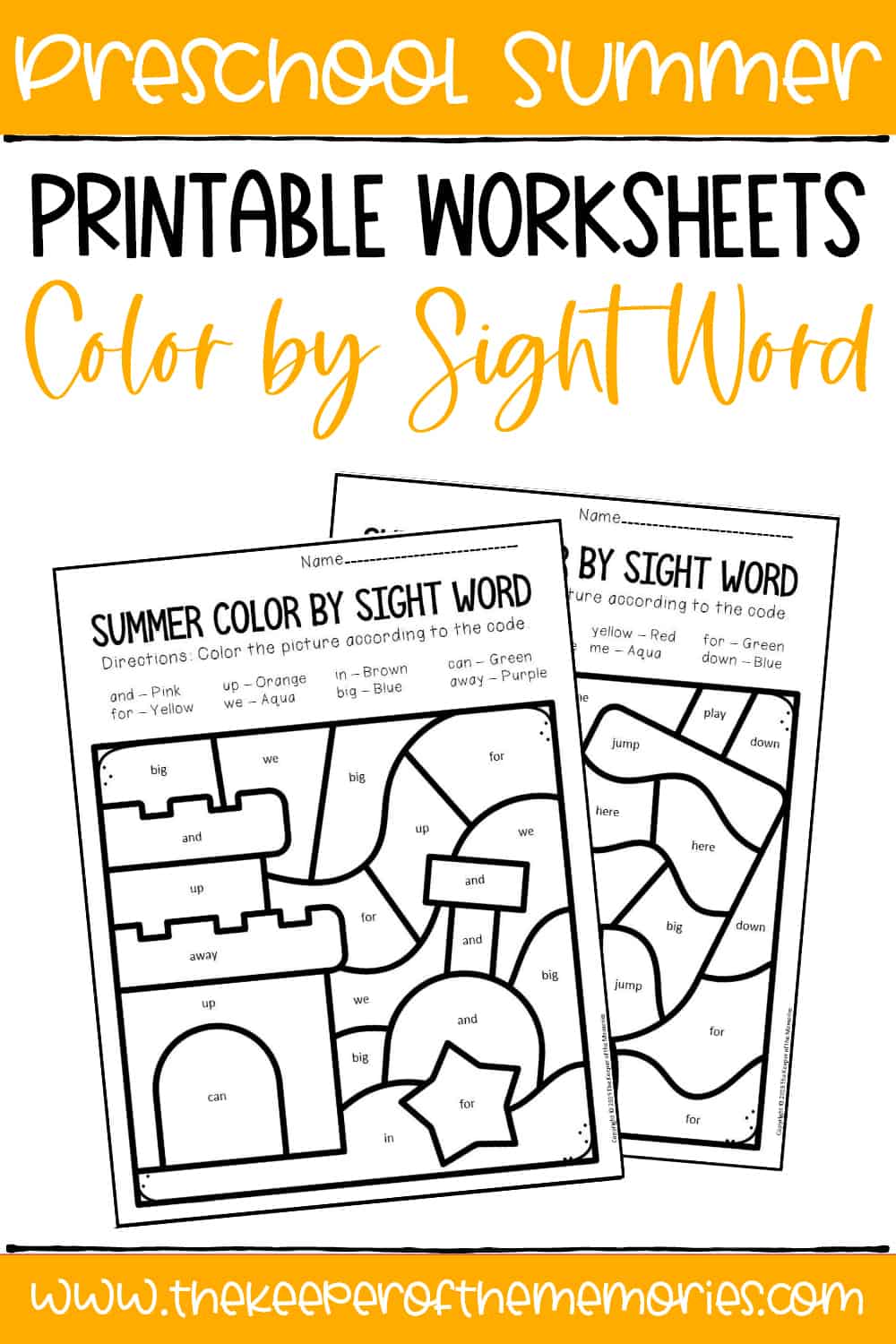 Color by sight word summer preschool worksheets