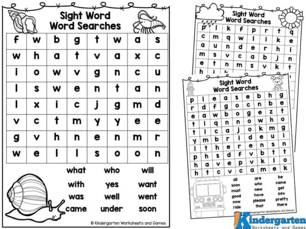 Kindergarten word search free sight words worksheets