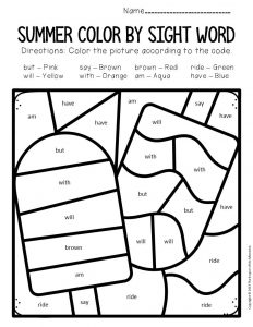 Color by sight word summer kindergarten worksheets