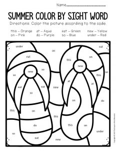 Color by sight word summer kindergarten worksheets