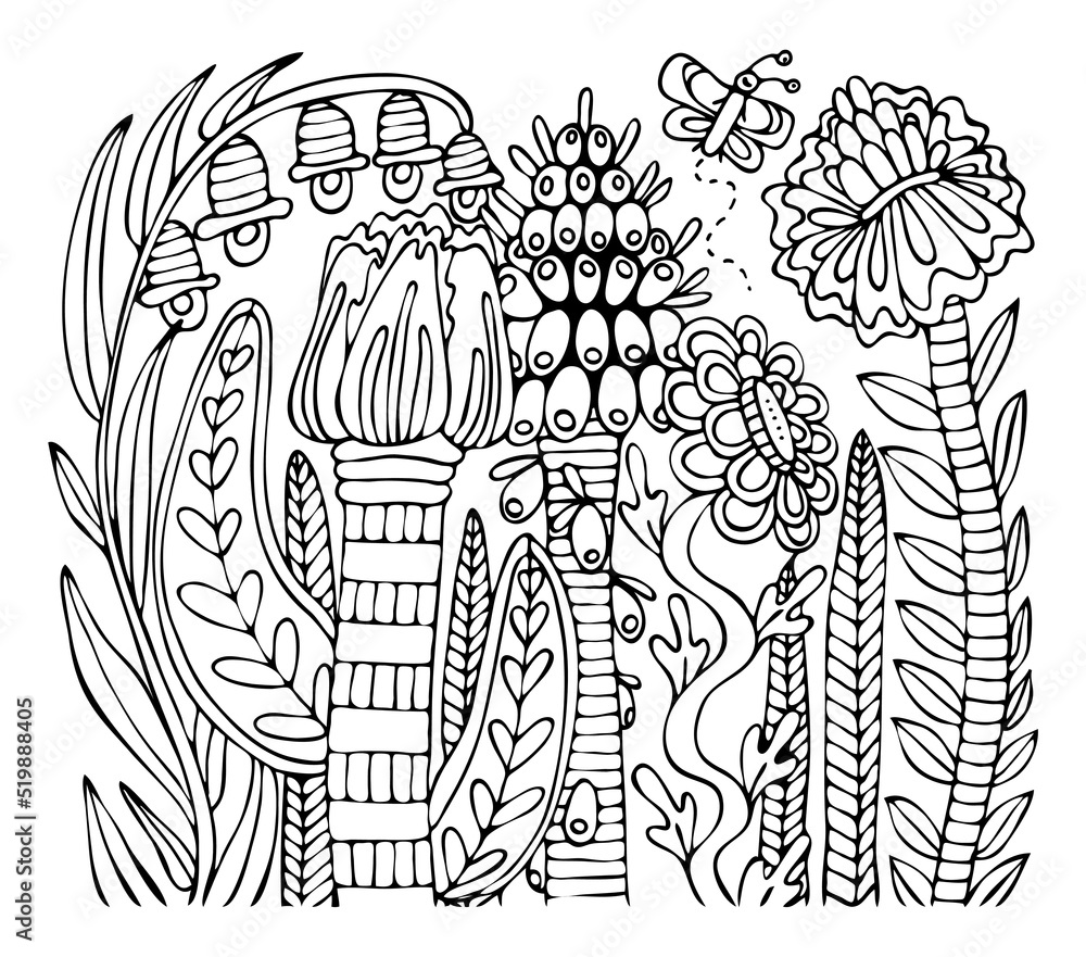 Coloring page bouquet of flowers thin line art floral pattern of garden plants hand drawn vector illustration simple doodle summer coloring book for children and adults vector