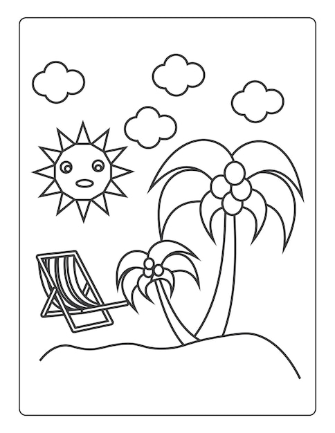 Premium vector summer coloring pages for kids with summer vibes sun and trees black and white coloring book