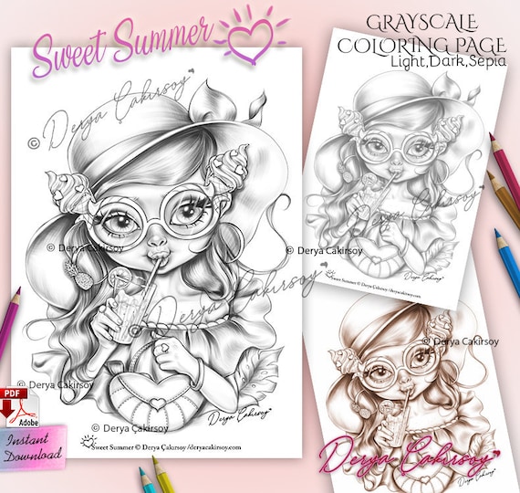 Sweet summer premium coloring page grayscale super cute big eyed illustration printable instant download with dark light sepia versions