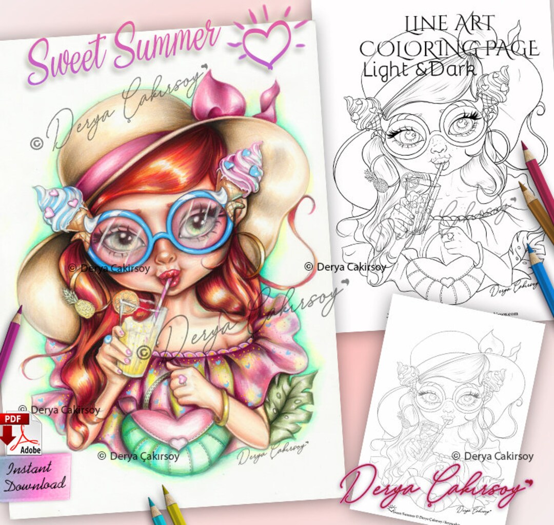 Sweet summer premium coloring page dark light line art big eyed cute illustration printable instant download