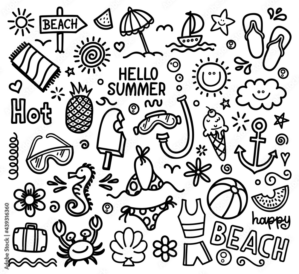 Summer doodle hand drawn summer icon set cute cartoon drawing coloring page vector print illustration vector