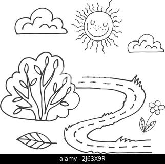 Summer nature child drawing coloring book landscape page stock vector image art