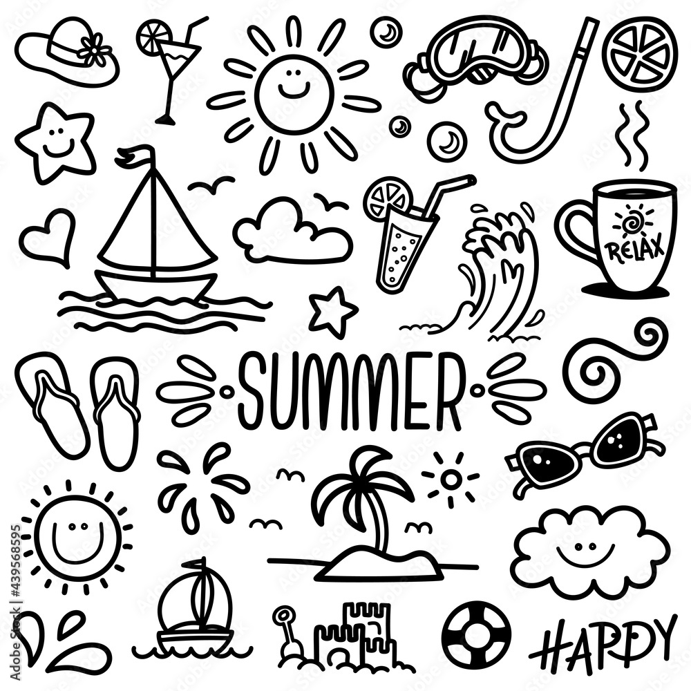 Vacation doodle hand drawn summer icon set cute cartoon drawing coloring page vector print illustration vector