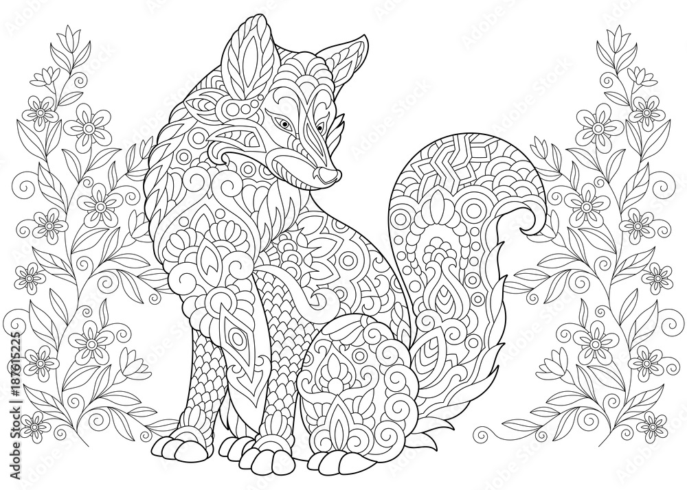 Coloring page adult coloring book wild fox and summer or spring flowers antistress freehand sketch drawing with doodle and zentangle elements vector