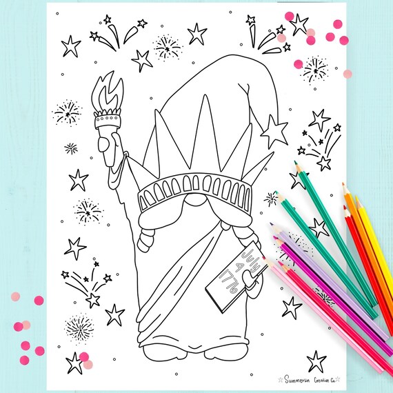 Fourth of july liberty gnome coloring page instant download