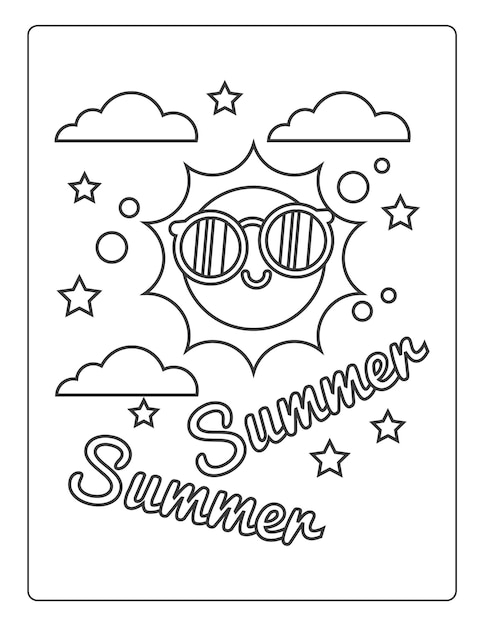 Premium vector summer coloring pages for kids with summer vibes sun and trees black and white coloring book