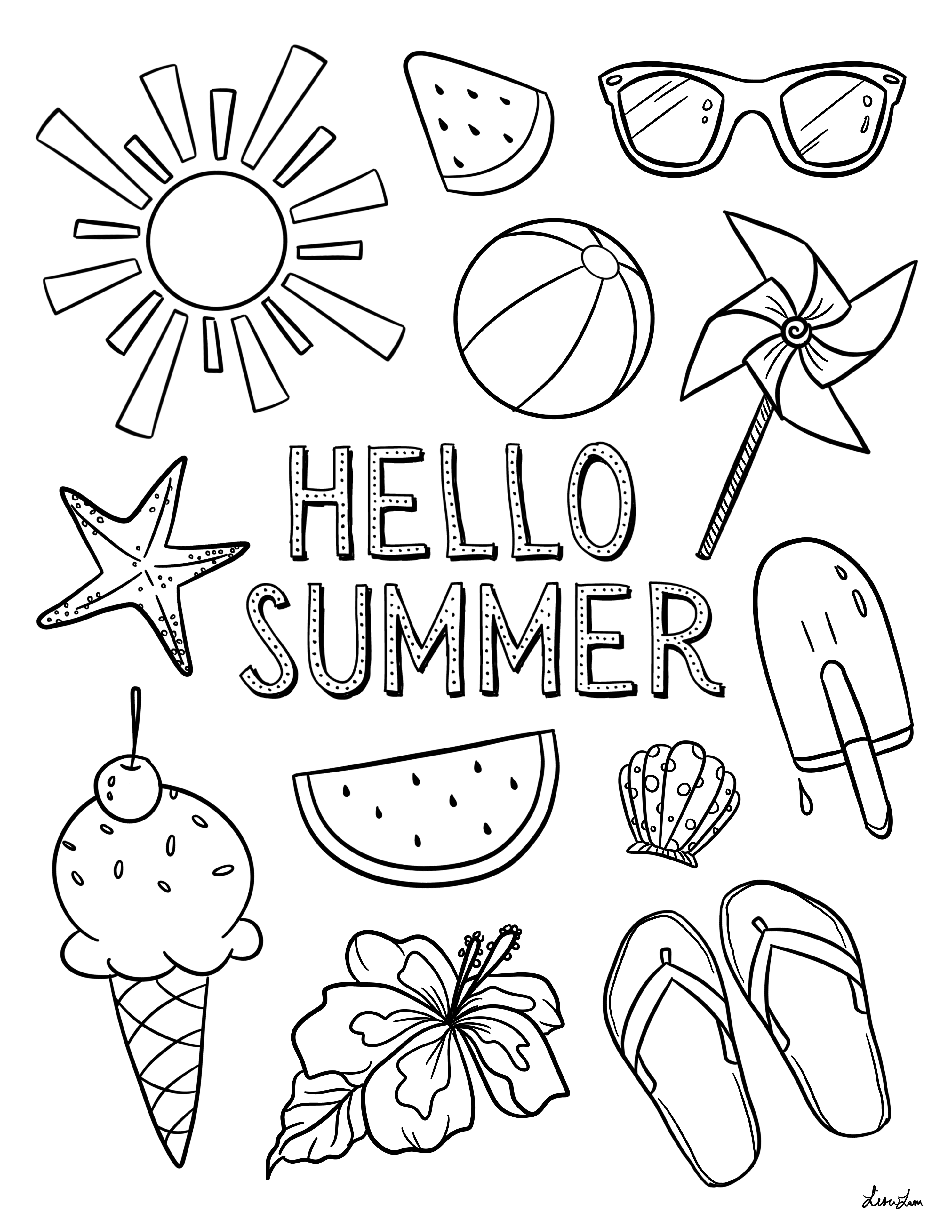 Hello summer colouring sheet scyap