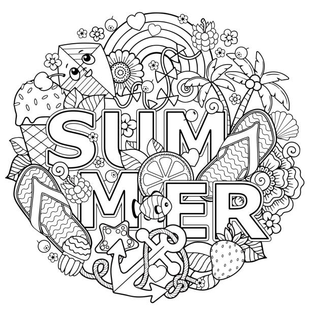 Doodle vector coloring page for adult set of summer elements for holidays party and rest stock illustration