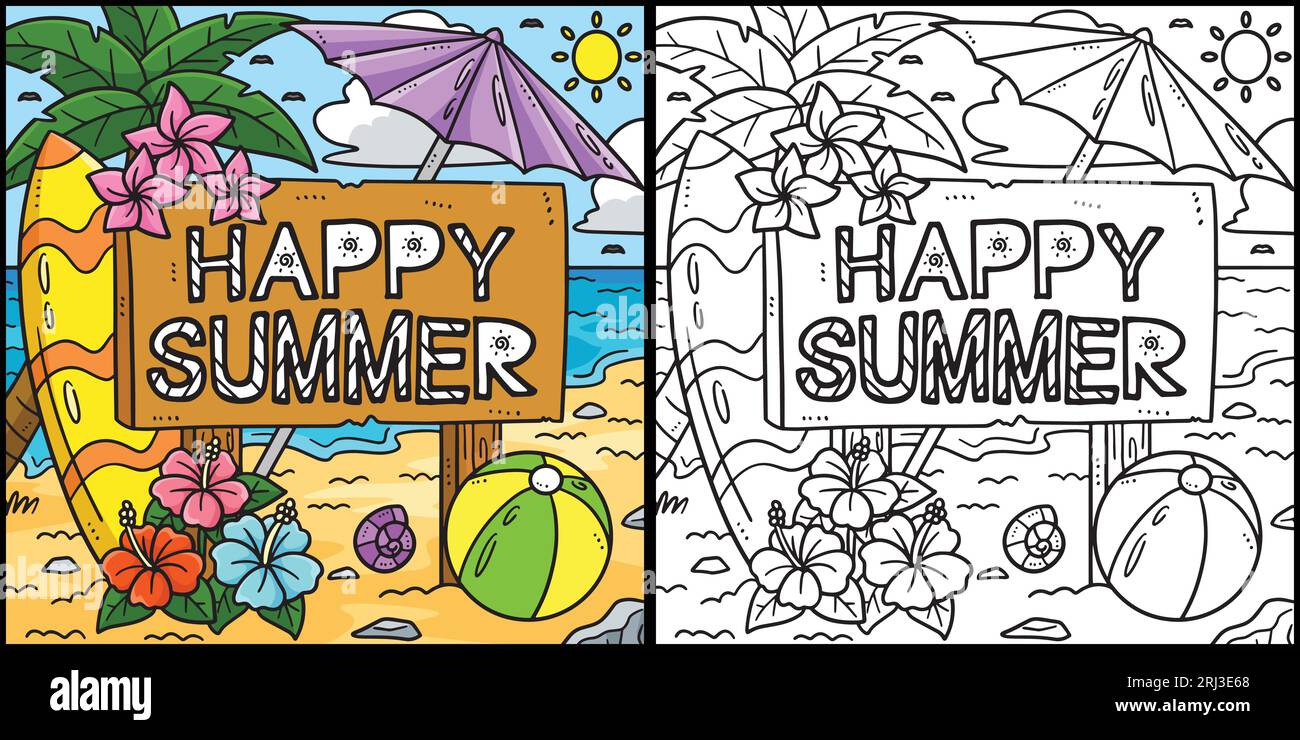 Happy summer coloring page colored illustration stock vector image art