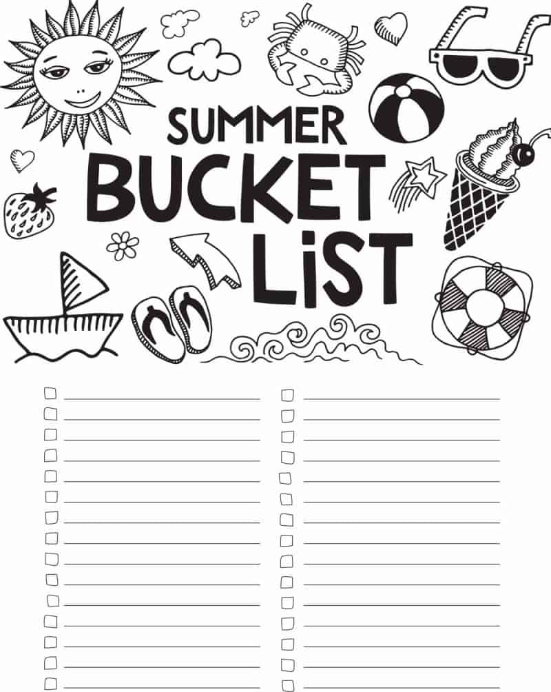 Free printable summer bucket list coloring page