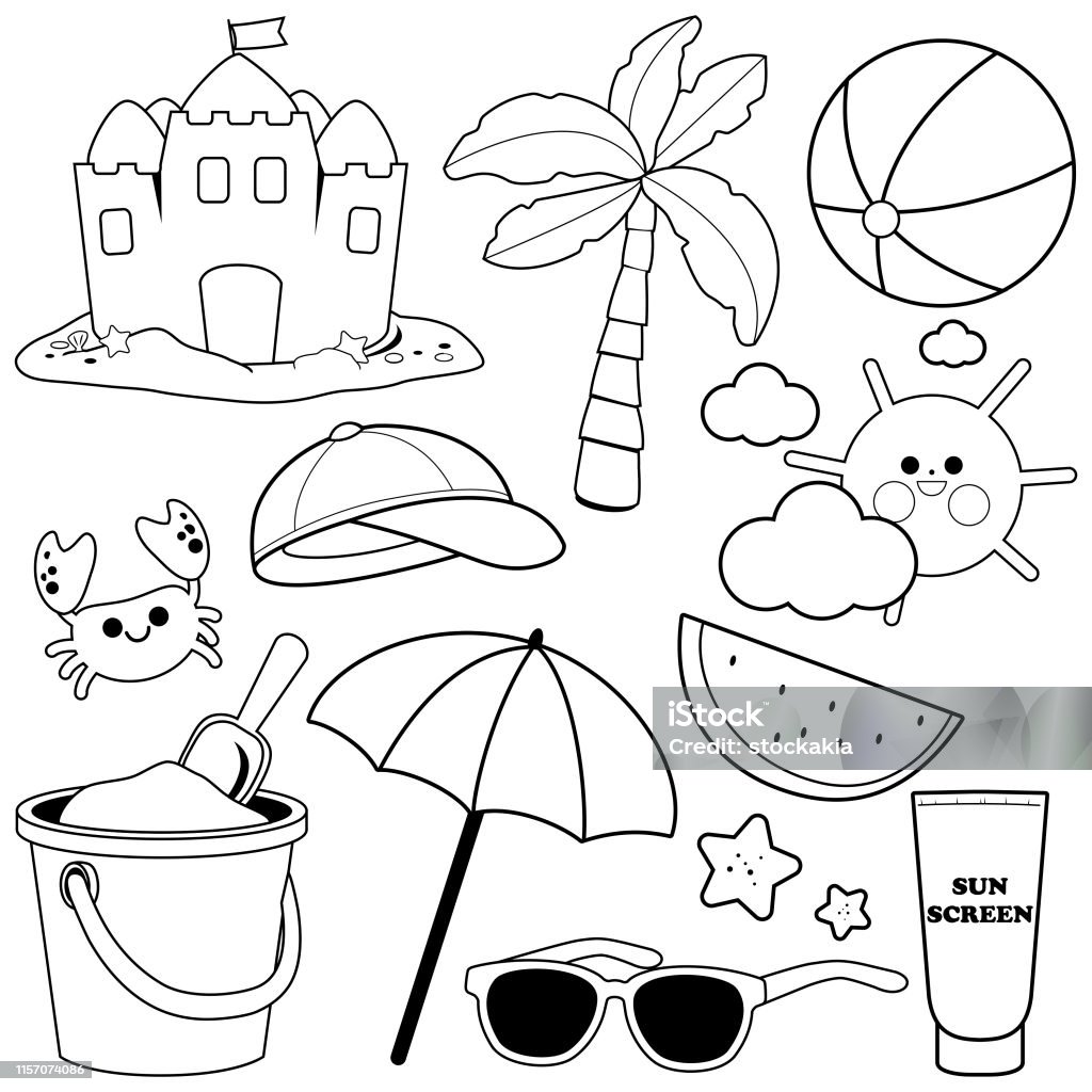 Summer theme beach vacation design elements vector black and white coloring page stock illustration