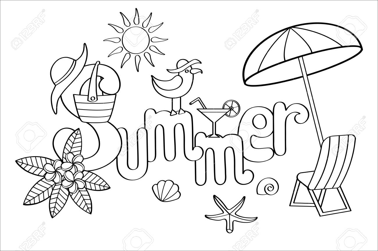 Hand drawn coloring page for adults and children on summer theme tropical flowers seagull beach bag umbrella chaise longue hat juice starfish sea royalty free svg cliparts vectors and stock illustration image