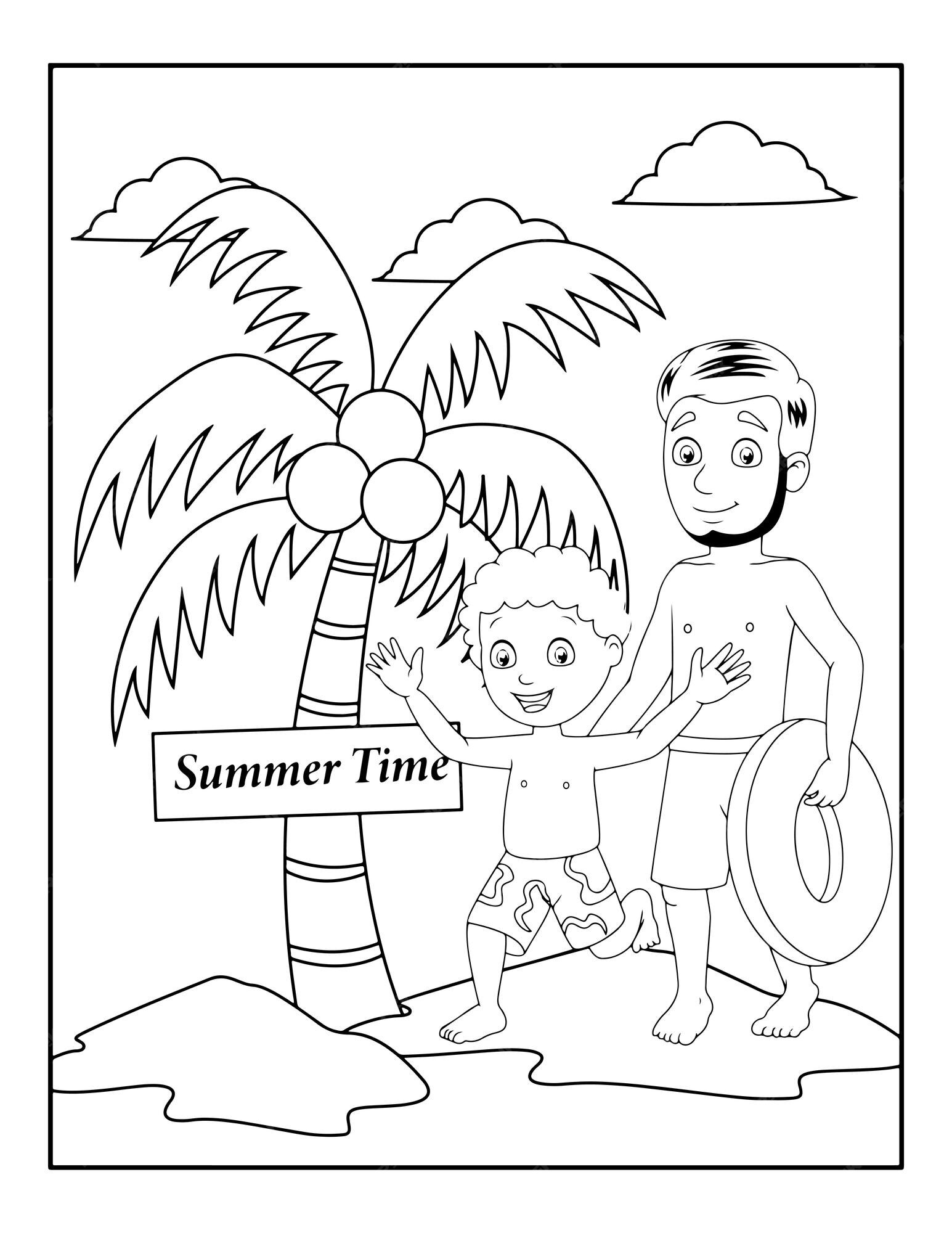 Premium vector summer activity coloring pages for kids hello summer coloring book for children