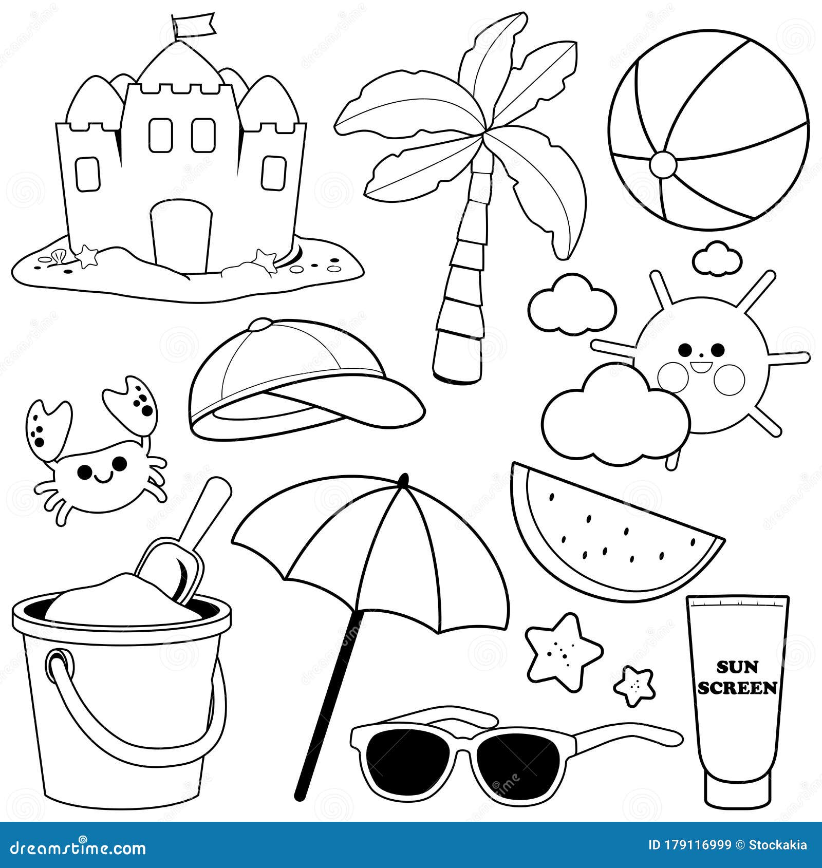 Summer theme beach vacation design elements vector black and white coloring page stock vector