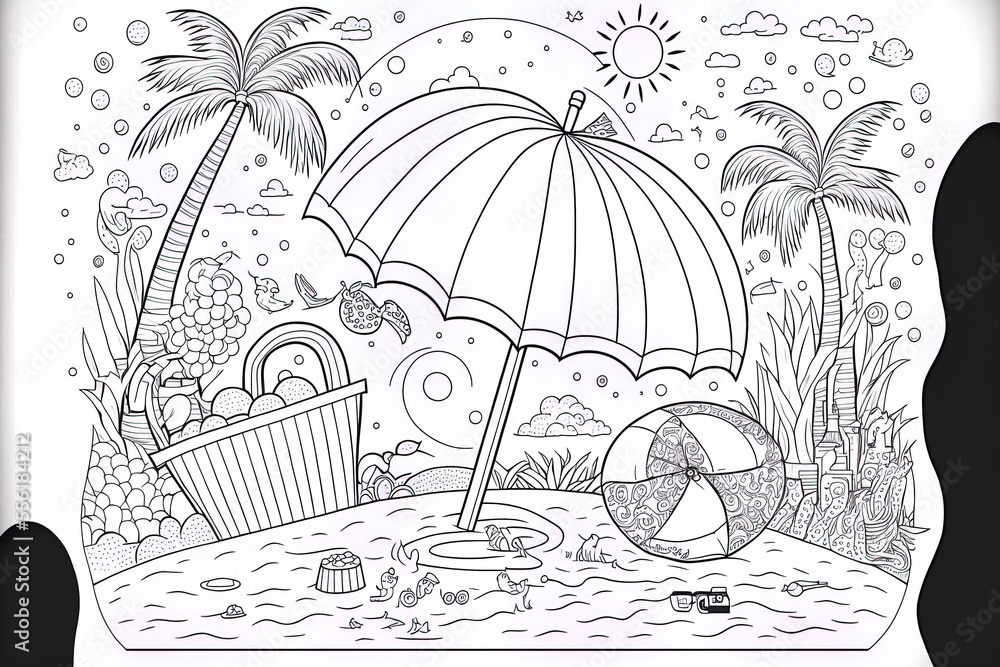 Summer vacation on a tropical island coloring sheet beach themed design featuring a sand pail umbrella beach ball and other beach related objects generative ai illustration