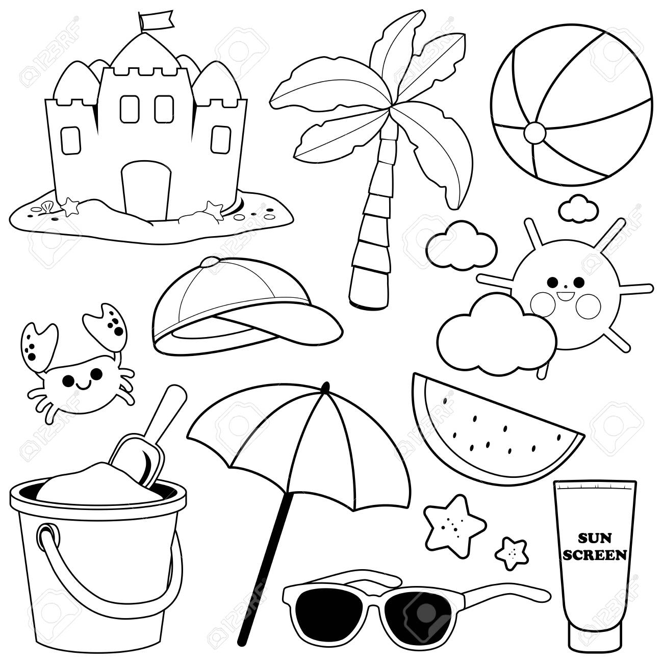 Beach summer vacation design elements vector black and white coloring page royalty free svg cliparts vectors and stock illustration image