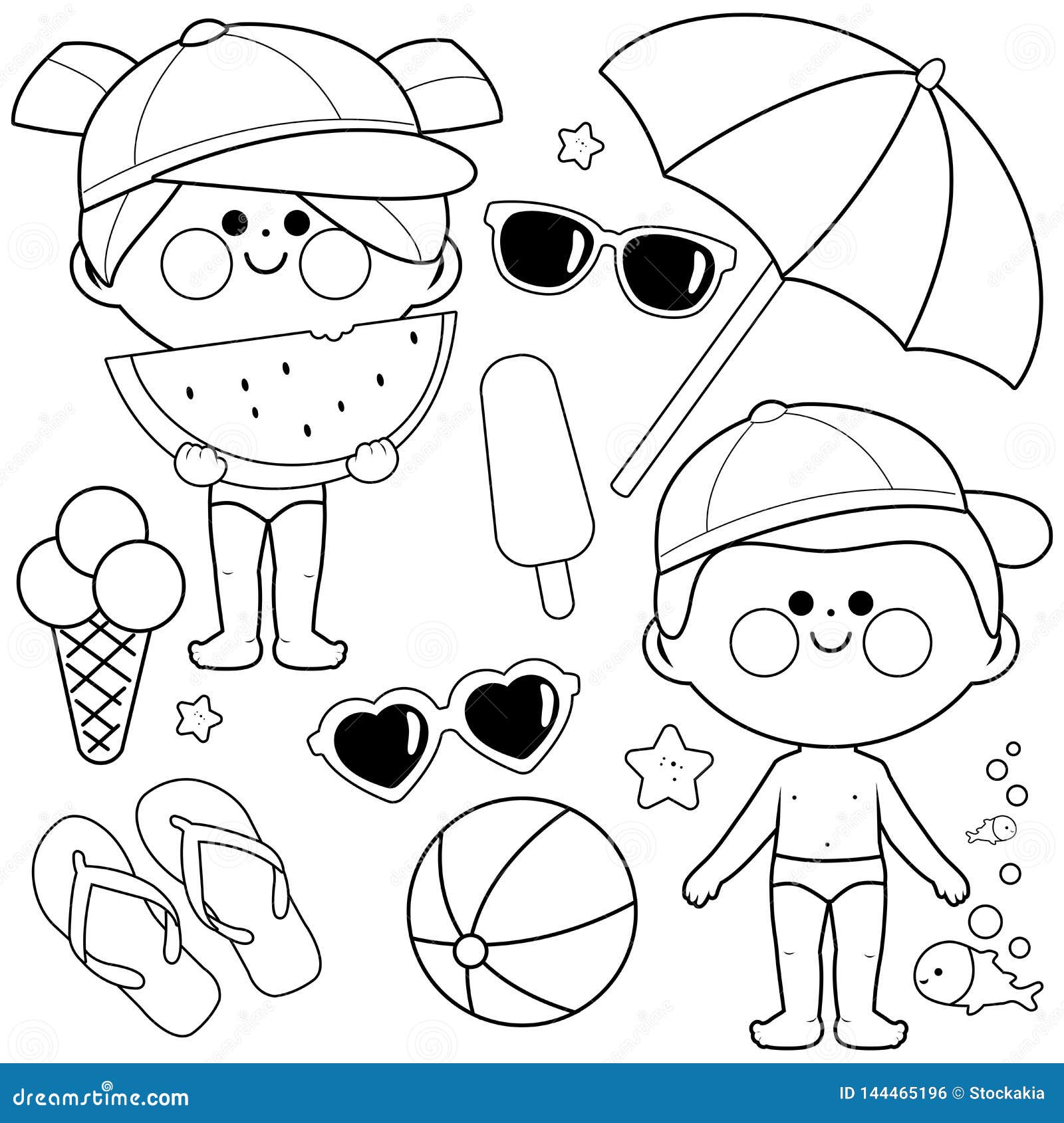 Children at the beach on summer vacation vector black and white coloring page stock vector