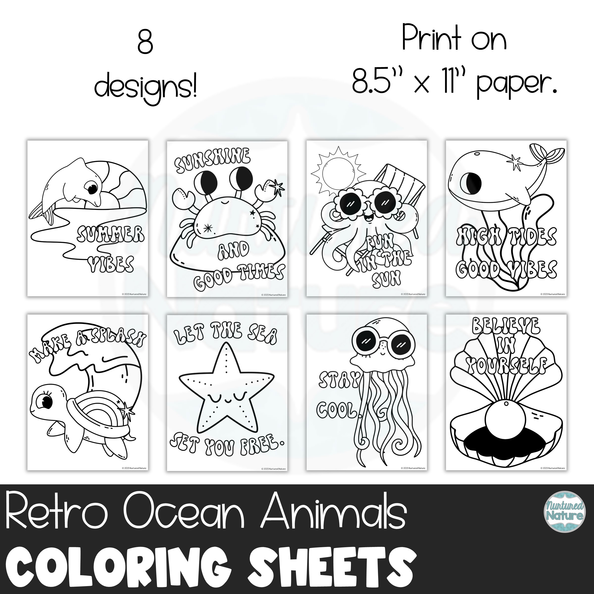 Retro ocean animals coloring pages made by teachers