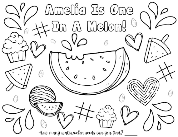 Customizable one in a melon coloring page placemat watermelon birthday one in a melon printable customizable