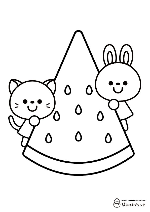 Summer coloring pageãwatermelon rabbit and cat ããããããªãã