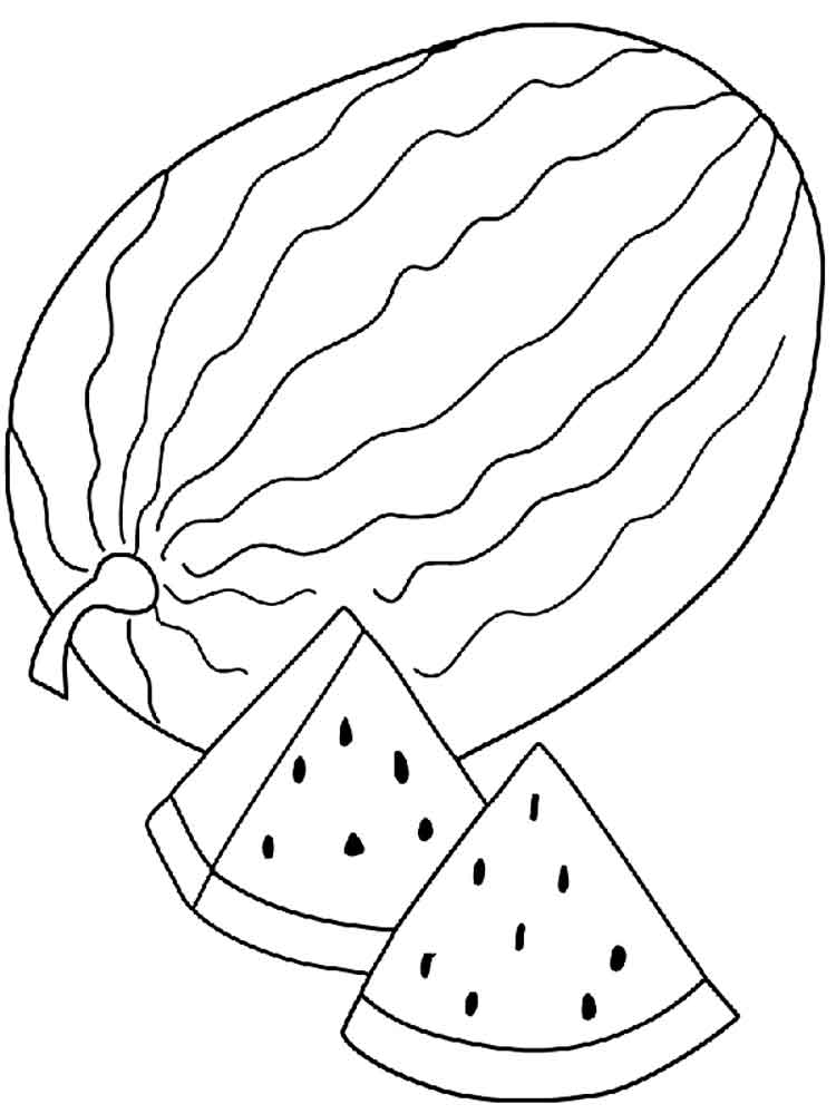 Whole watermelon with two watermelon triangles coloring page