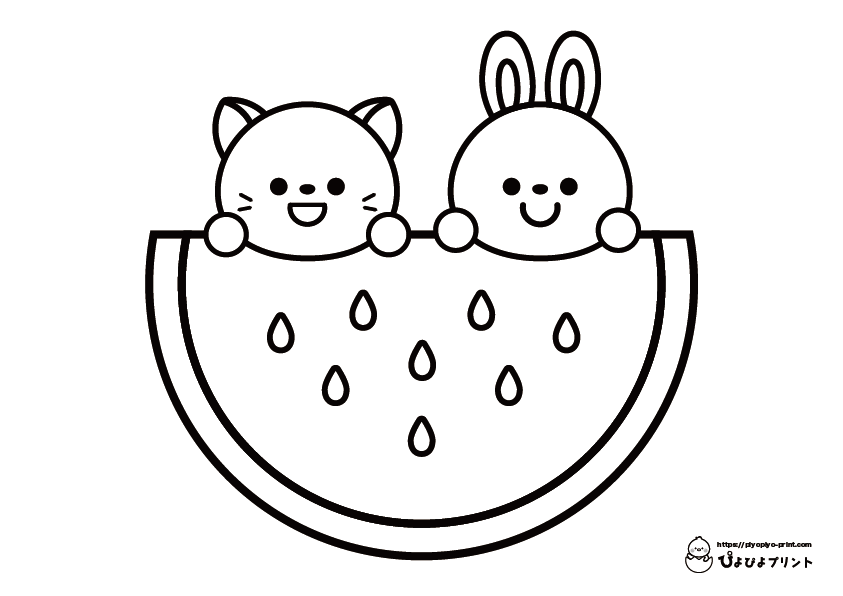 Summer coloring pageãrabbit and cat ing out of watermelon ããããããªãã