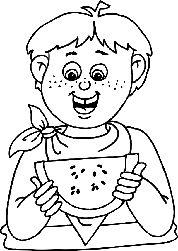 Watermelon coloring page kid eating big slice of watermelon