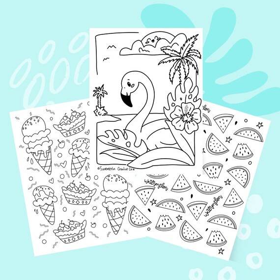 Summer coloring pages with flamingo ice cream and watermelon