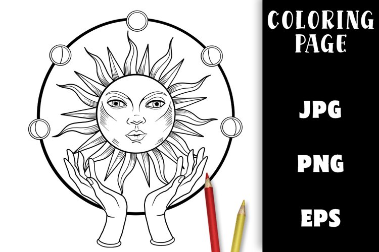 Mystical sun with moon phases coloring page