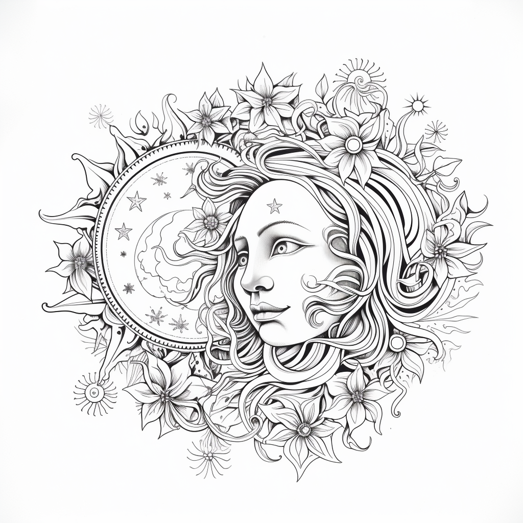 Bohemian sun and moon coloring pages for adults