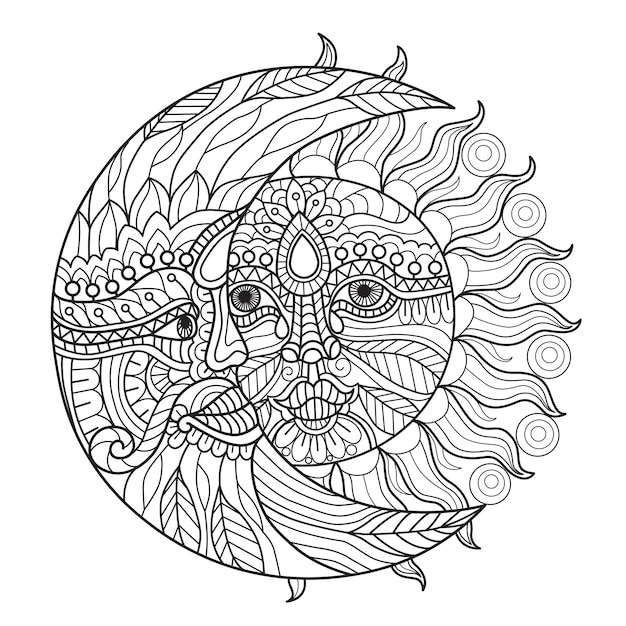 Premium vector sun and moon coloring pages for adults