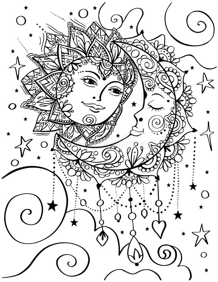 Sun and moon bohemian style adult coloring book page stock vector