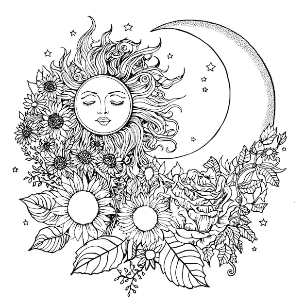 Premium vector celestial sun and moon coloring page