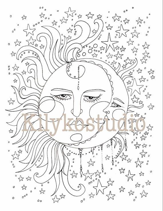 Sun moon stars adult coloring page instant digital download pdf