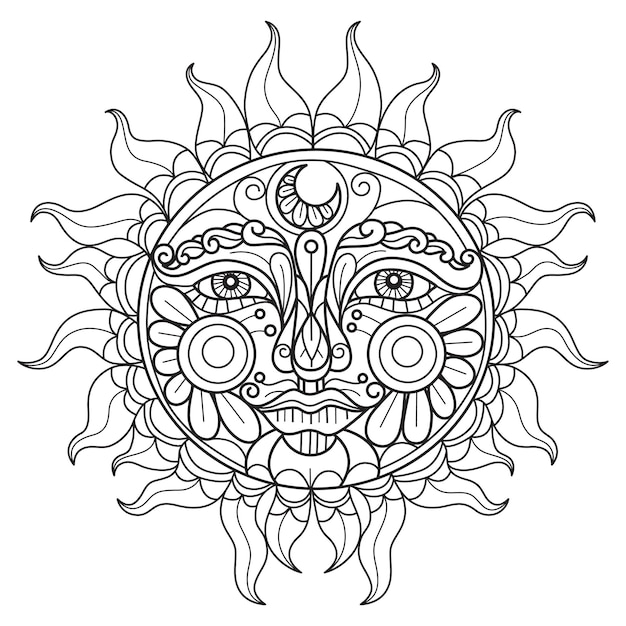 Premium vector the sun hand drawn for adult coloring book